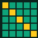 A 5x5 grid of teal squares; yellow active cells light up in a sweeping diagonal pattern across frames.