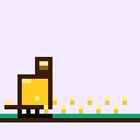 A yellow pixel combine harvester rolls right across a field of gold coins, leaving purple harvested stalks behind it.