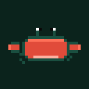 A red pixel crab shuffling sideways, winding up a claw, then snapping it forward with a spark.