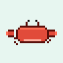 A red pixel crab shuffling sideways, winding up a claw, then snapping it forward with a spark.
